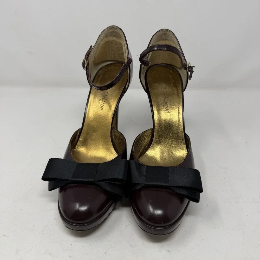 Dolce Gabbana Burgundy Leather D'Orsay Platform Pumps Bow Sz 37 Made Italy